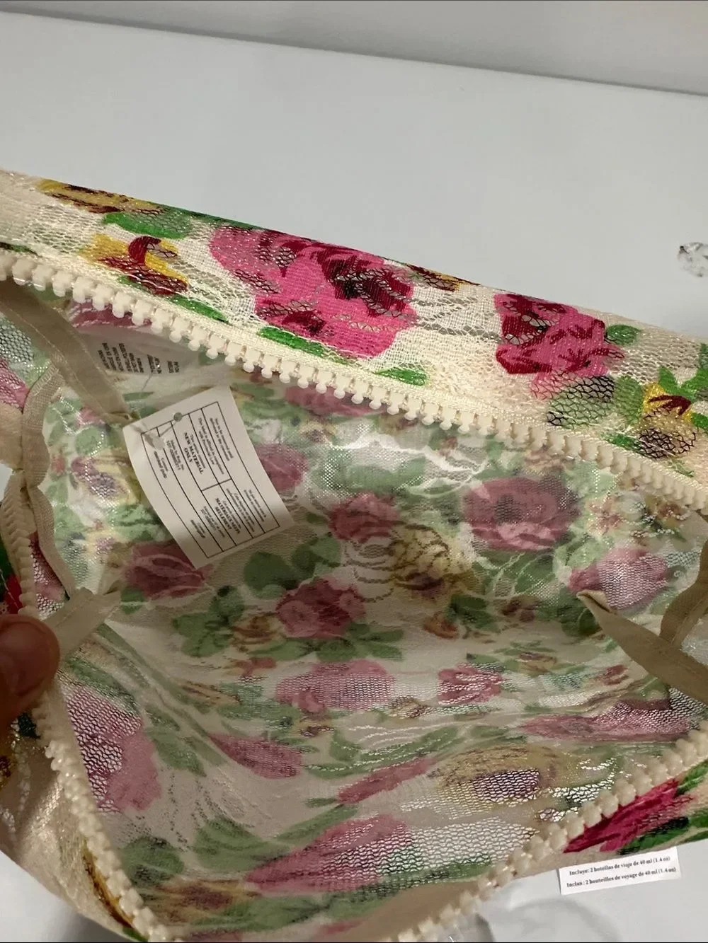 Urban Essentials Ivory Pink Green Yellow Rose Floral Lace Beauty Cosmetic Bag